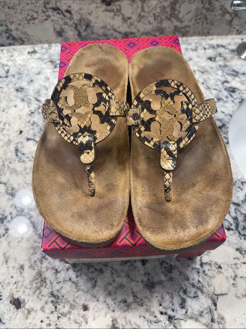 Tory Burch Snake-Print Tan and Black Logo Thong Sandals